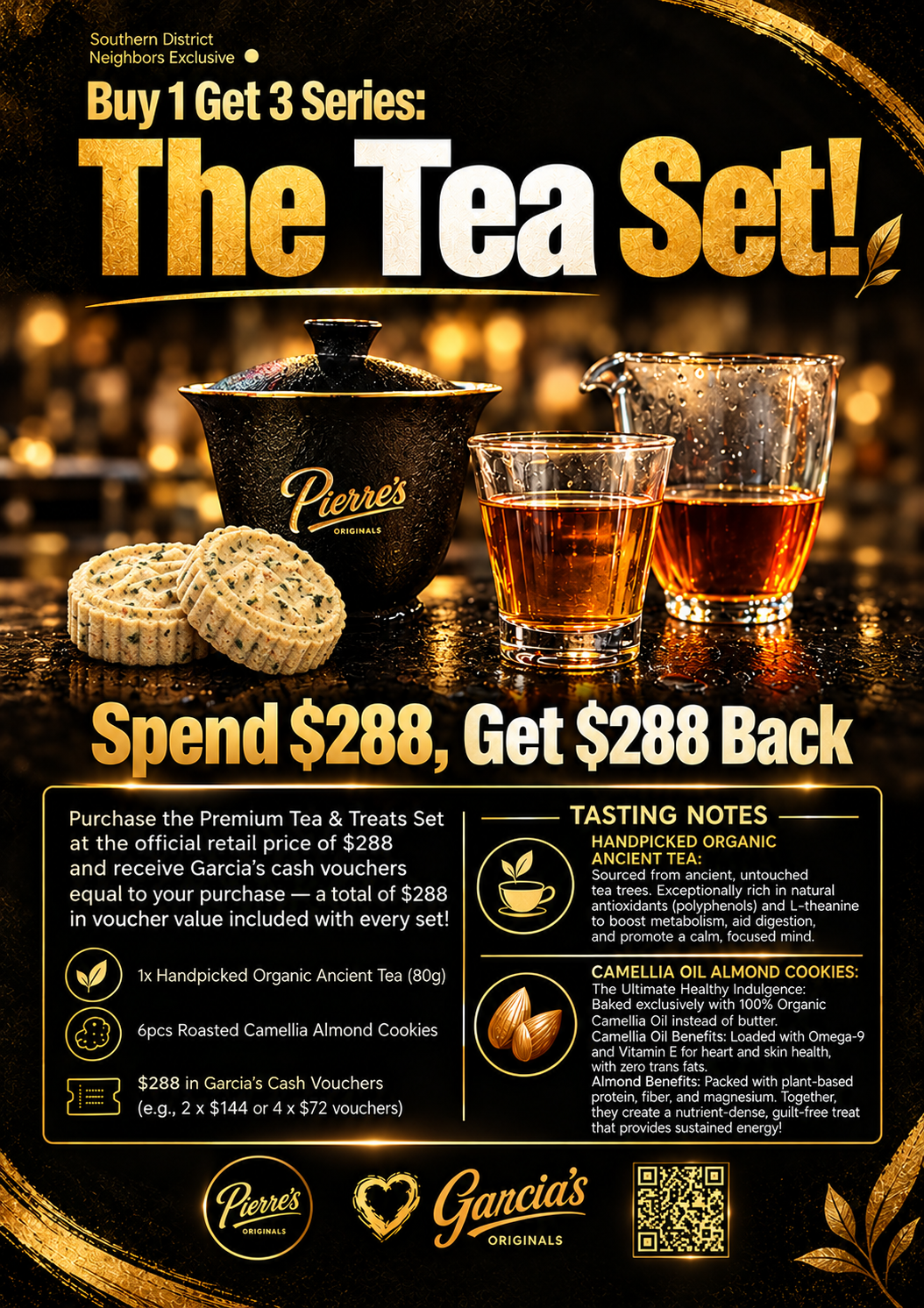 Black and gold Pierre’s X Garcia’s Tea Set poster showing tea and almond cookies with HK$288 in cash vouchers.